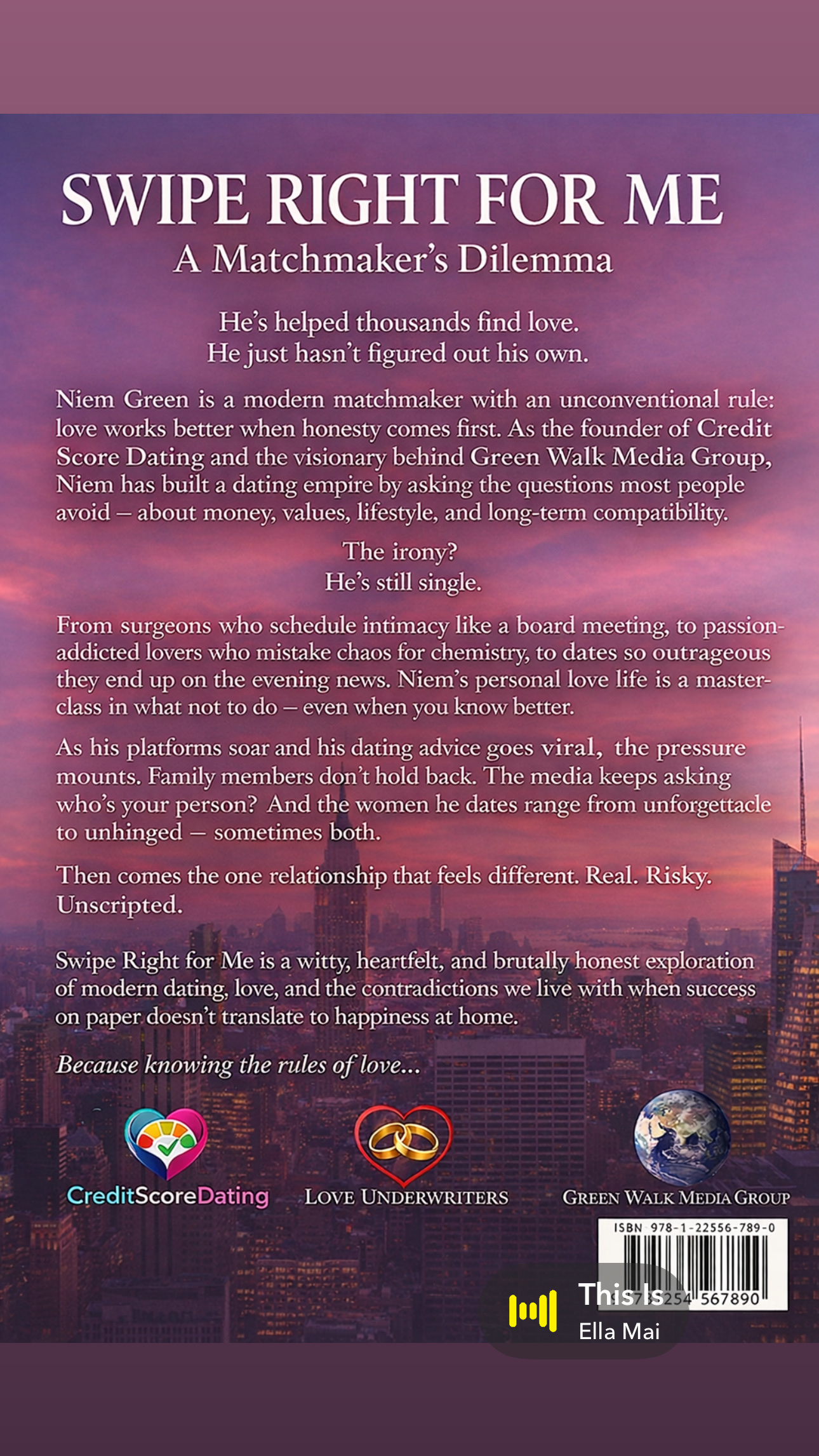 Back cover of Swipe Right for Me with the book description over a sunset city skyline
