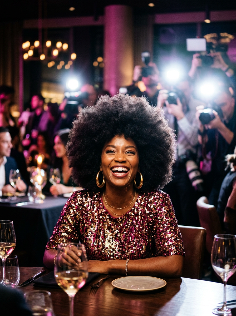 A Black woman with a natural afro laughing in a restaurant as camera flashes go off