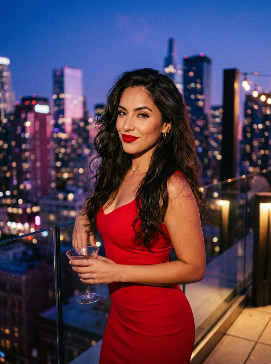 A Latina woman with dark wavy hair in a red dress on a rooftop at night