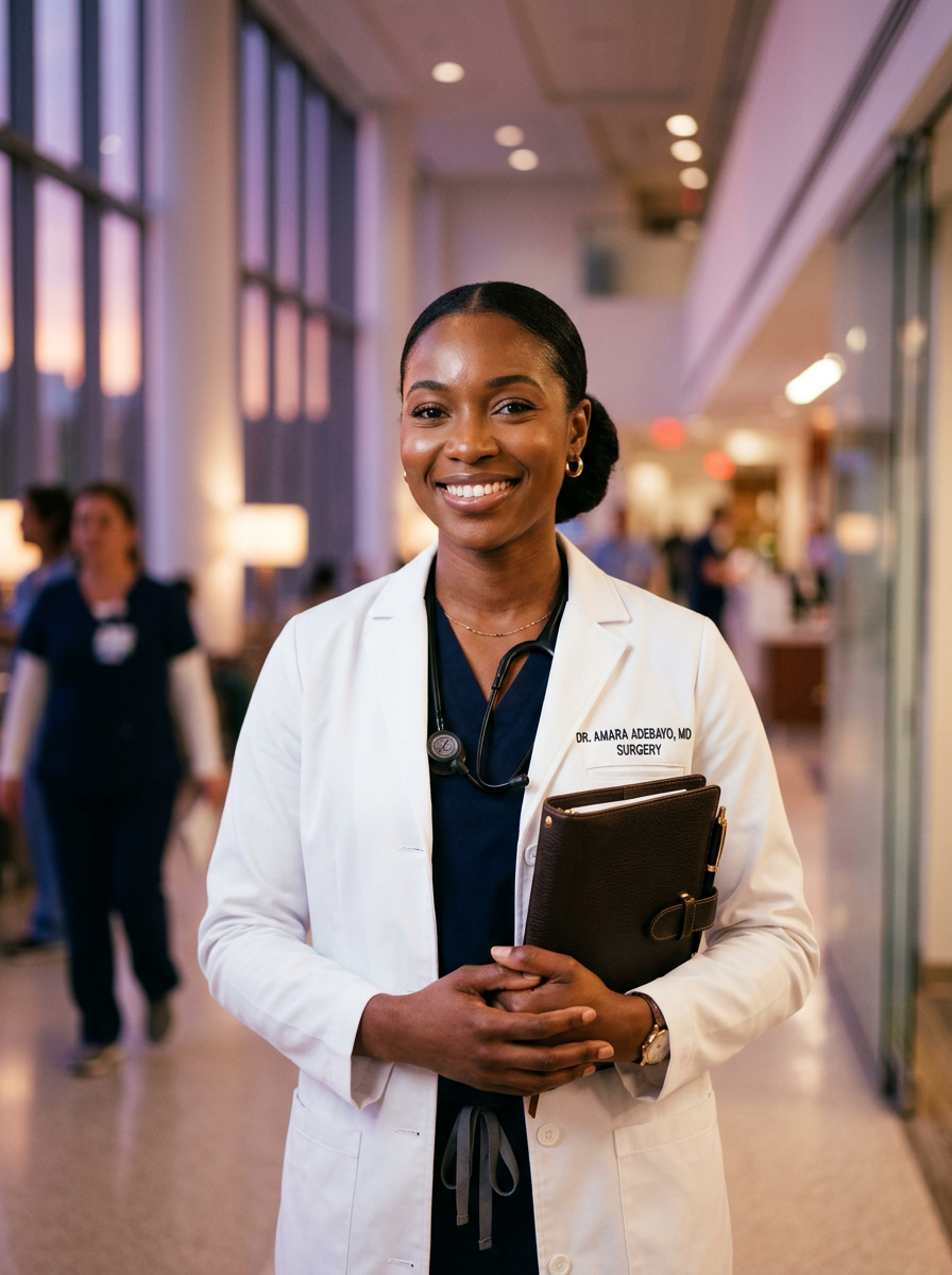 A Black woman in a white surgeon’s coat holding a planner